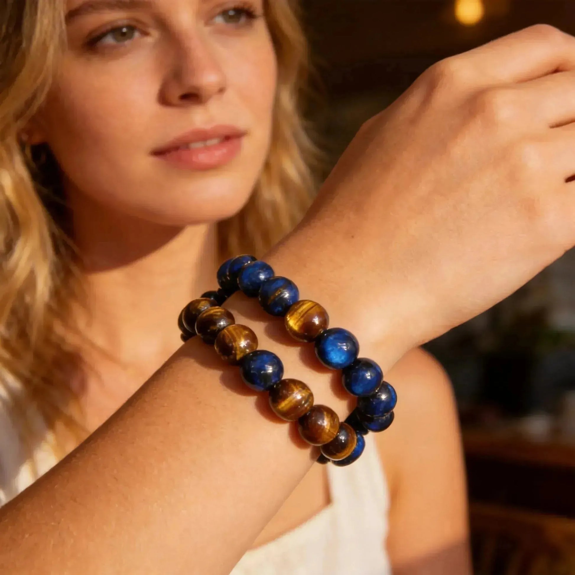 CHIGROVE Natural Blue & Brown Tiger Eye Bracelet Set | Healing Crystal Jewelry for Love & Daily Wear - ChiGrove