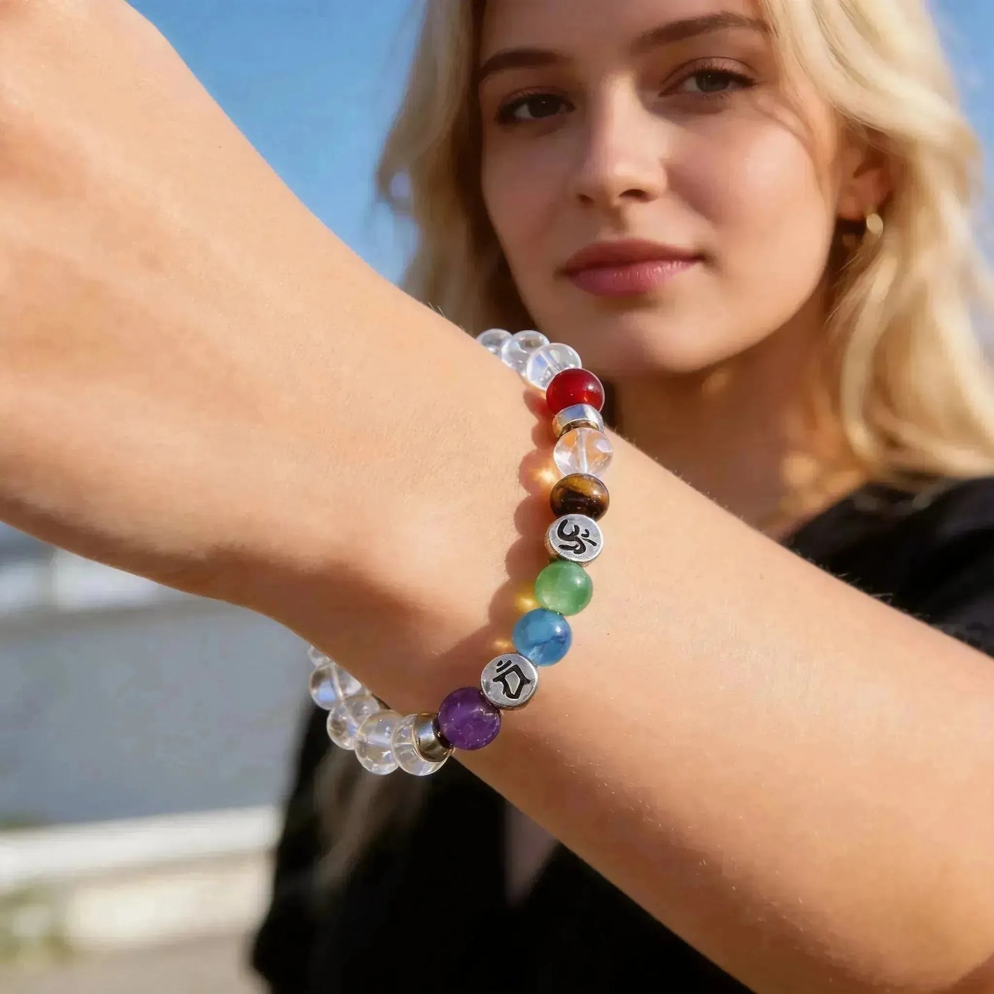 CHIGROVE Natural Clear Quartz 7 Chakra Healing Bracelet | Handmade Energy Jewelry for Meditation Self Care - ChiGrove
