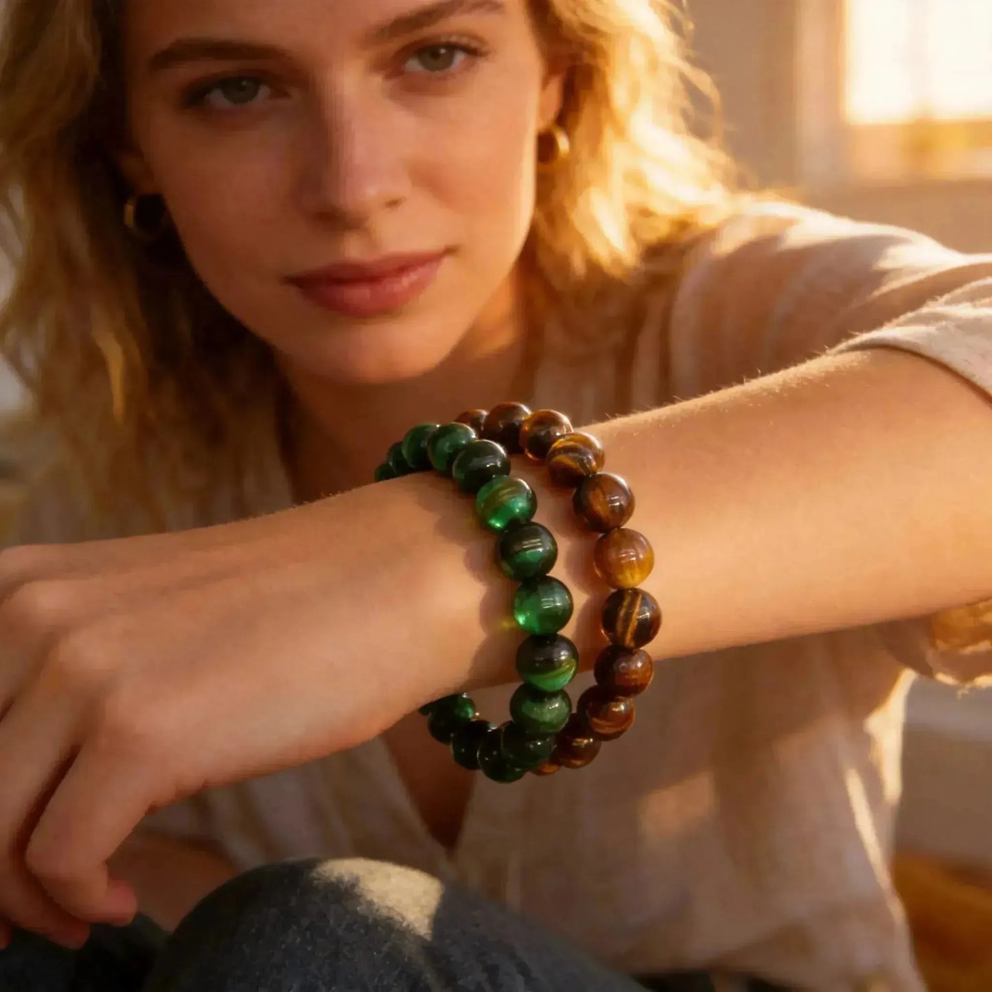 CHIGROVE Natural Green & Brown Tiger Eye Bracelet Set | Healing Crystal Jewelry for Love & Daily Wear - ChiGrove