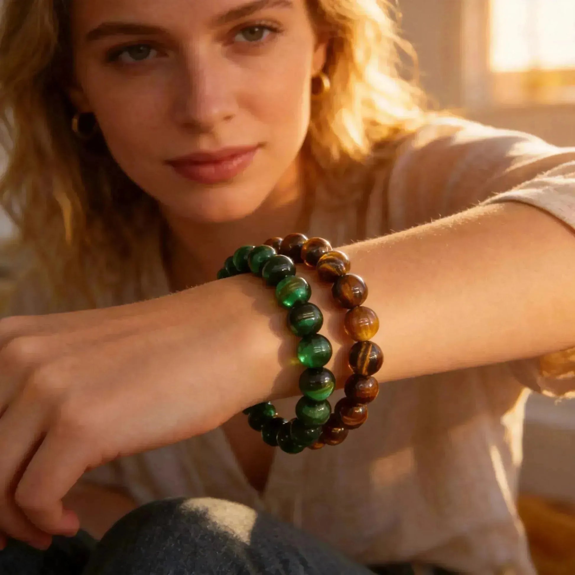 CHIGROVE Natural Green & Brown Tiger Eye Bracelet Set | Healing Crystal Jewelry for Love & Daily Wear - ChiGrove