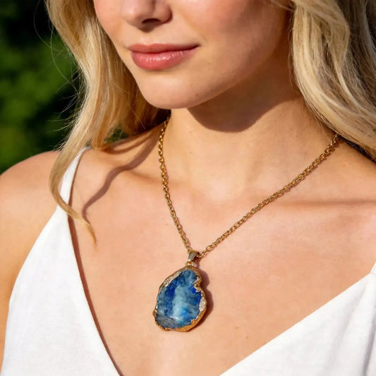 CHIGROVE Natural Raw Blue Agate Crystal Necklace | Healing Jewelry for Women Daily Wear & Gifting - ChiGrove