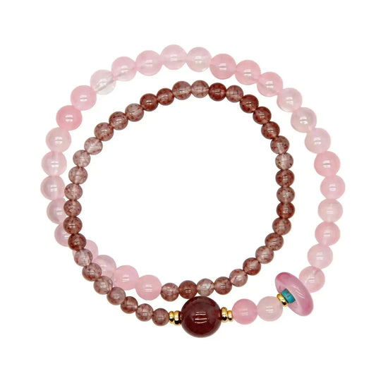 CHIGROVE Natural Rose Quartz & Strawberry Quartz Double Laye Bracelet | Healing Crystal Jewelry for Love & Daily Wear - ChiGrove