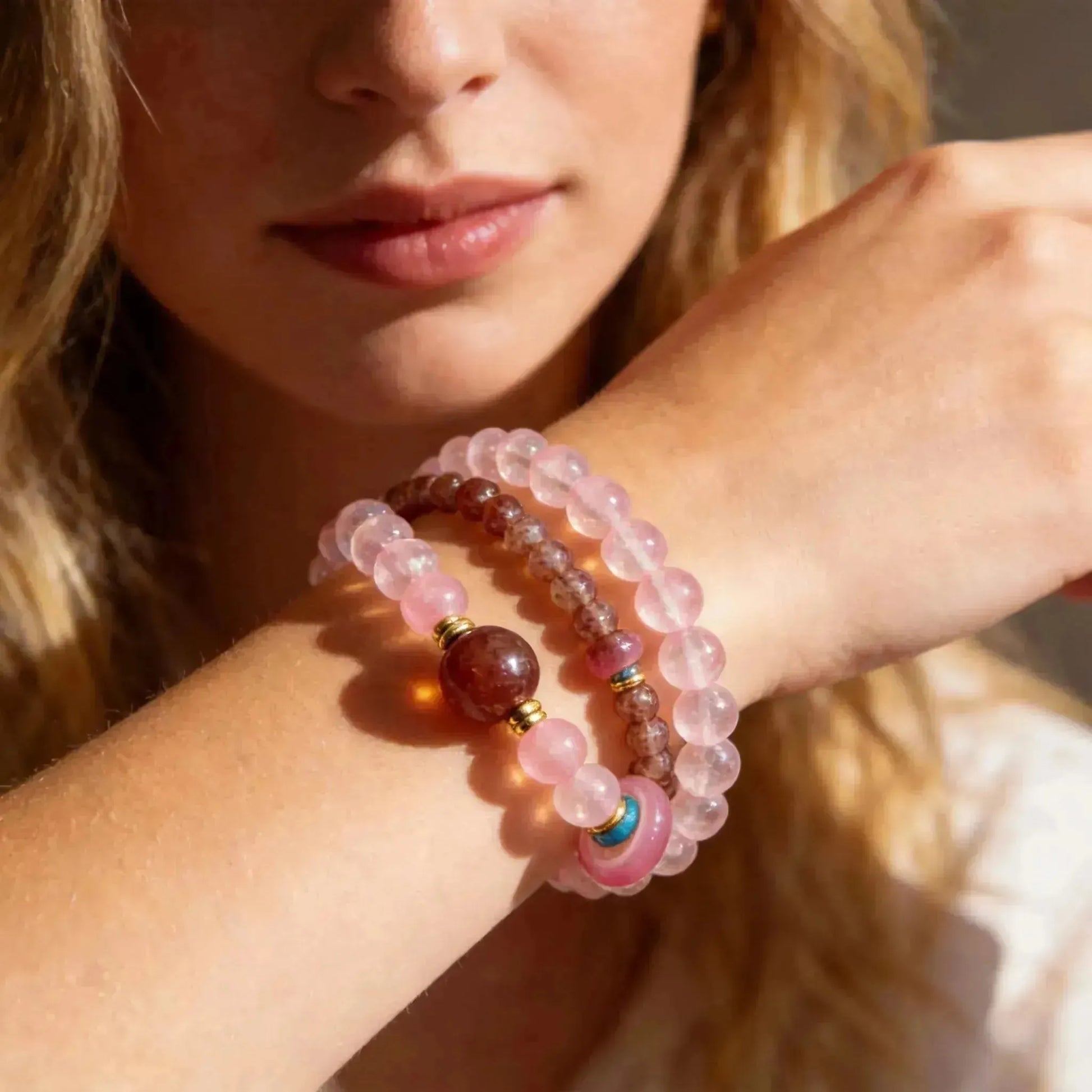 CHIGROVE Natural Rose Quartz & Strawberry Quartz Double Laye Bracelet | Healing Crystal Jewelry for Love & Daily Wear - ChiGrove