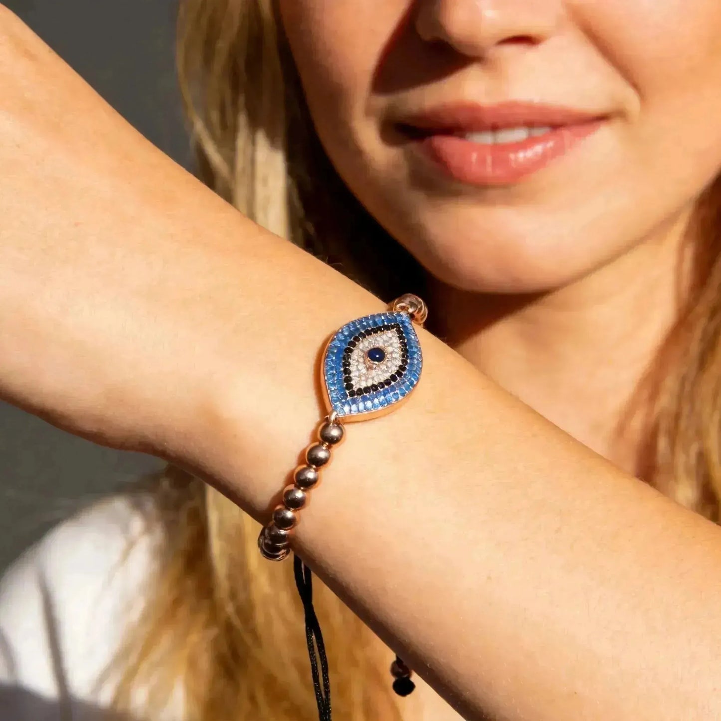 CHIGROVE Rose Gold Beaded Evil Eye Bracelet | Adjustable Protection Jewelry for Women Spiritual Gifts - ChiGrove