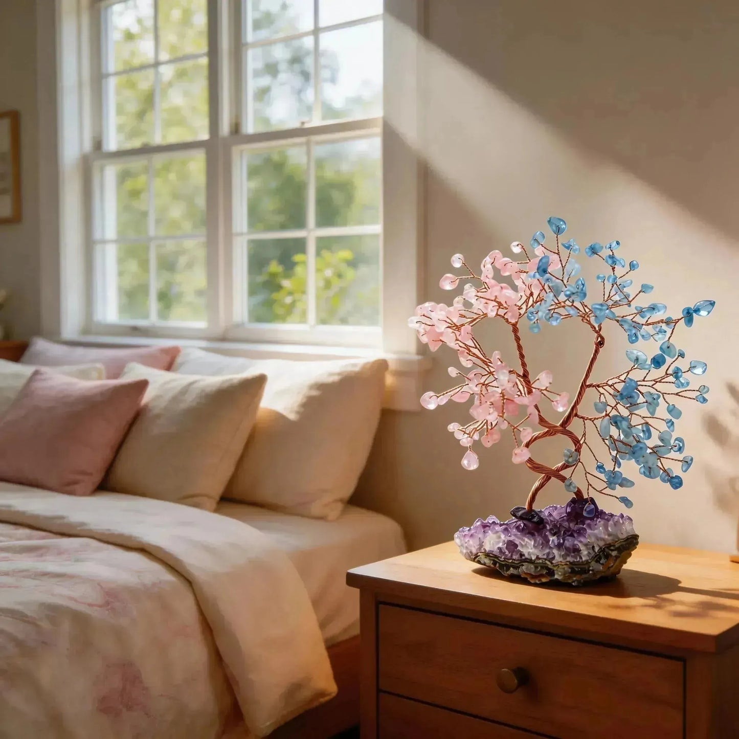 CHIGROVE Rose Quartz & Aquamarine Crystal Tree with Amethyst Base | Healing Spiritual Home Decor - ChiGrove