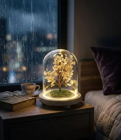 Glowing citrine crystal tree lamp in glass dome on a cozy rainy night