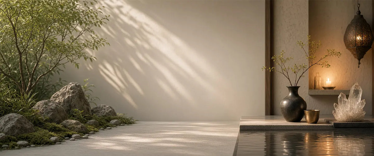 Quiet courtyard with mossy stones and a tree on the left, and a stone ledge over still water holding a dark metal vase, a small cup and a clear quartz cluster beside a candlelit niche