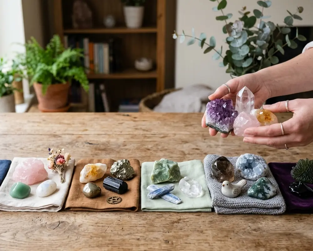 Curated crystal collection set in a cozy home, perfect for spiritual wellness