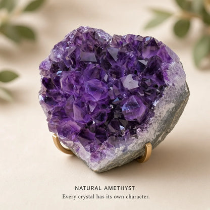 The Amethyst Heart — Natural Druzy Crystal on a Gold Moon Stand
