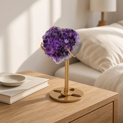 The Amethyst Heart — Natural Druzy Crystal on a Gold Moon Stand