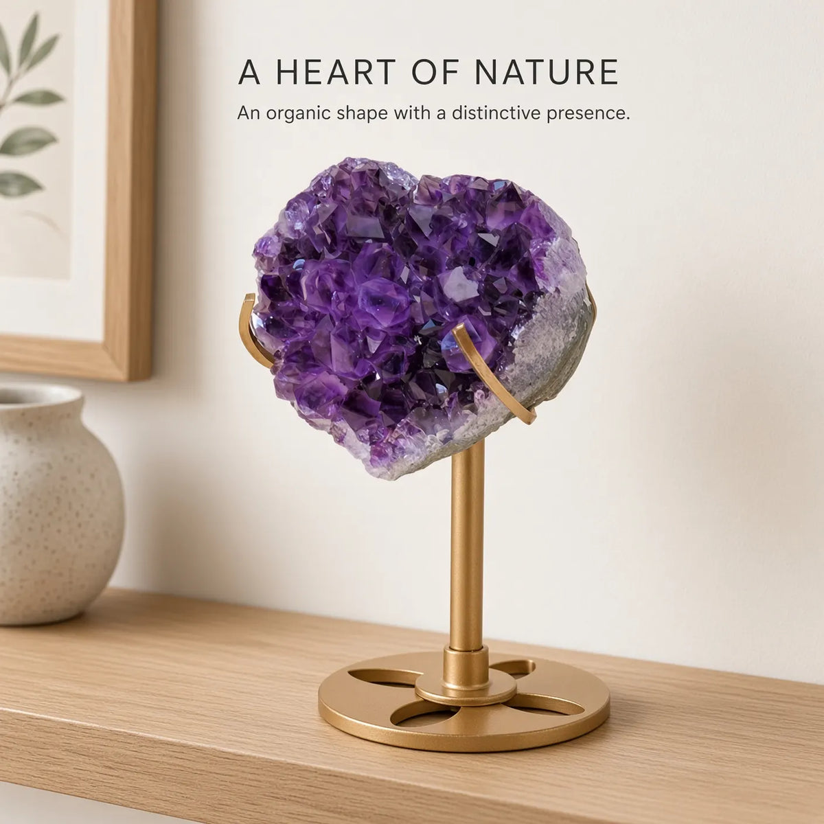 The Amethyst Heart — Natural Druzy Crystal on a Gold Moon Stand