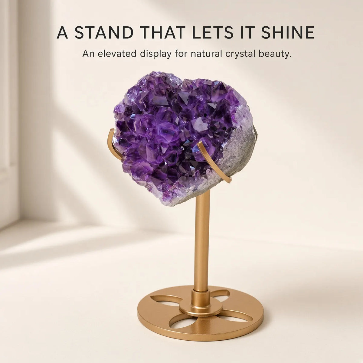 The Amethyst Heart — Natural Druzy Crystal on a Gold Moon Stand