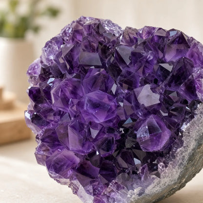 The Amethyst Heart — Natural Druzy Crystal on a Gold Moon Stand