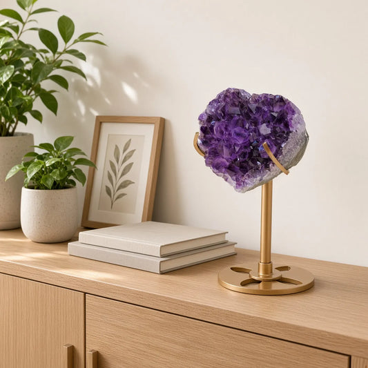 The Amethyst Heart — Natural Druzy Crystal on a Gold Moon Stand
