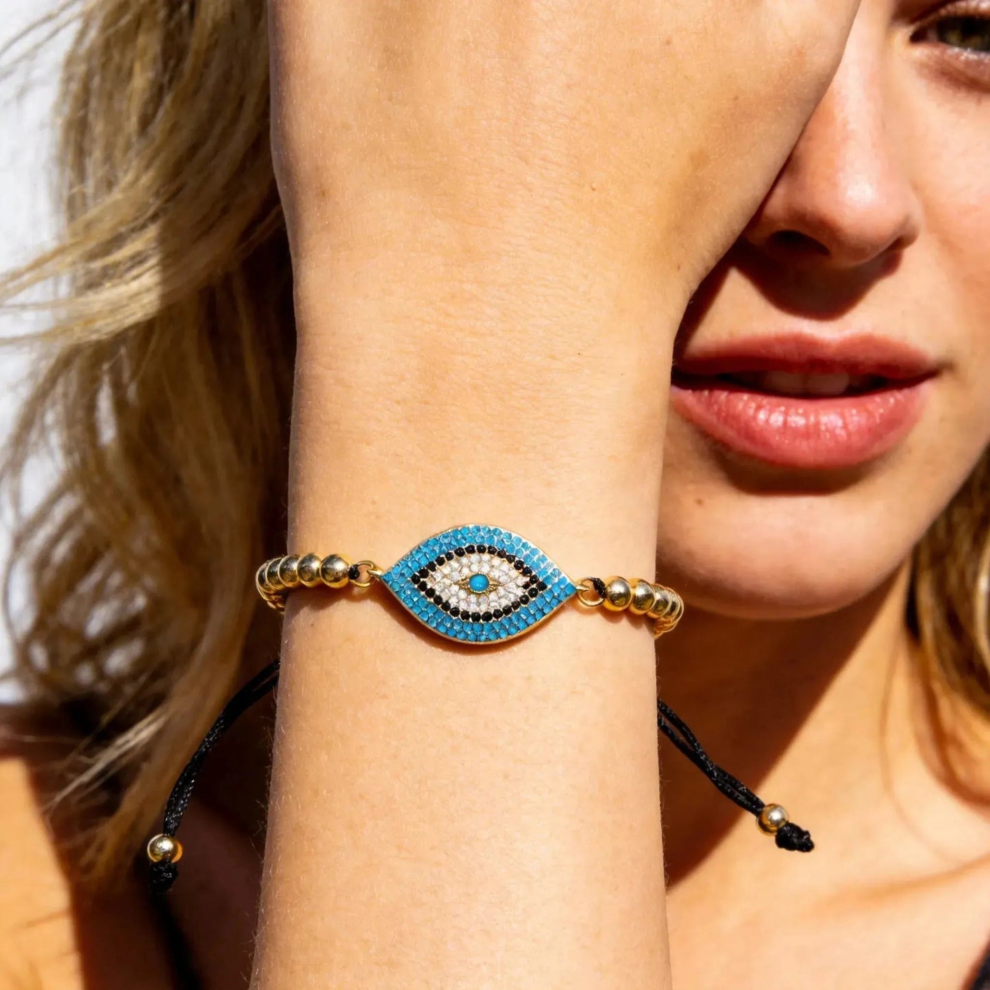 CHIGROVE Blue Evil Eye Gold Beaded Bracelet | Adjustable Lucky Protection Jewelry for Women Daily Wear - ChiGrove