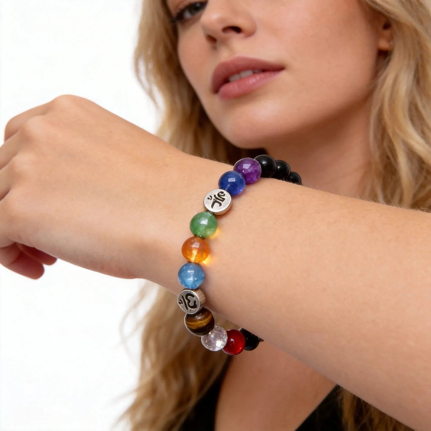 CHIROVE Natural 7 Chakra Black Onyx Bracelet | Om Mantra Healing Jewelry for Yoga - ChiGrove