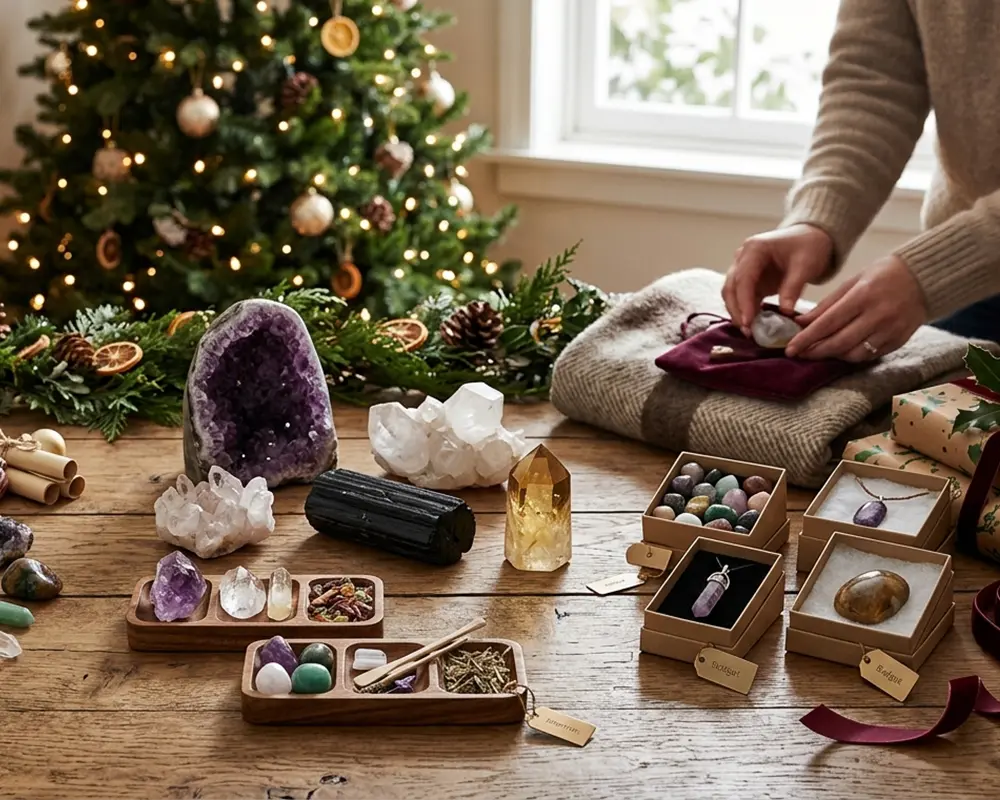 Holiday crystal gift collection with healing stones and jewelry, perfect for sharing positive energy during Christmas