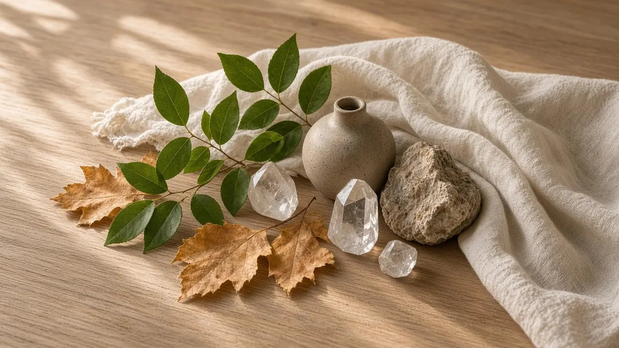 Quartz points, stone and leaves on a wooden table