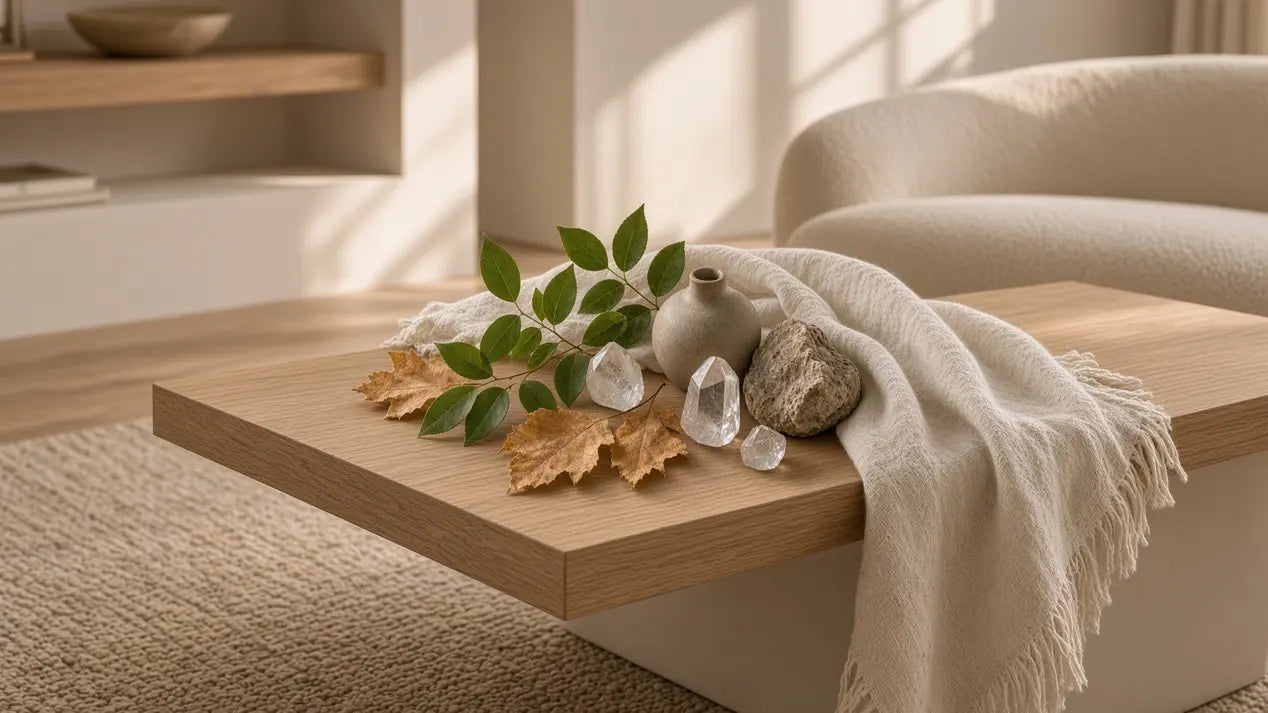 Quartz and autumn leaves on a living-room coffee table