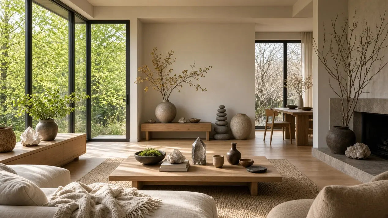 Seasonal living room with crystals, stones and changing trees
