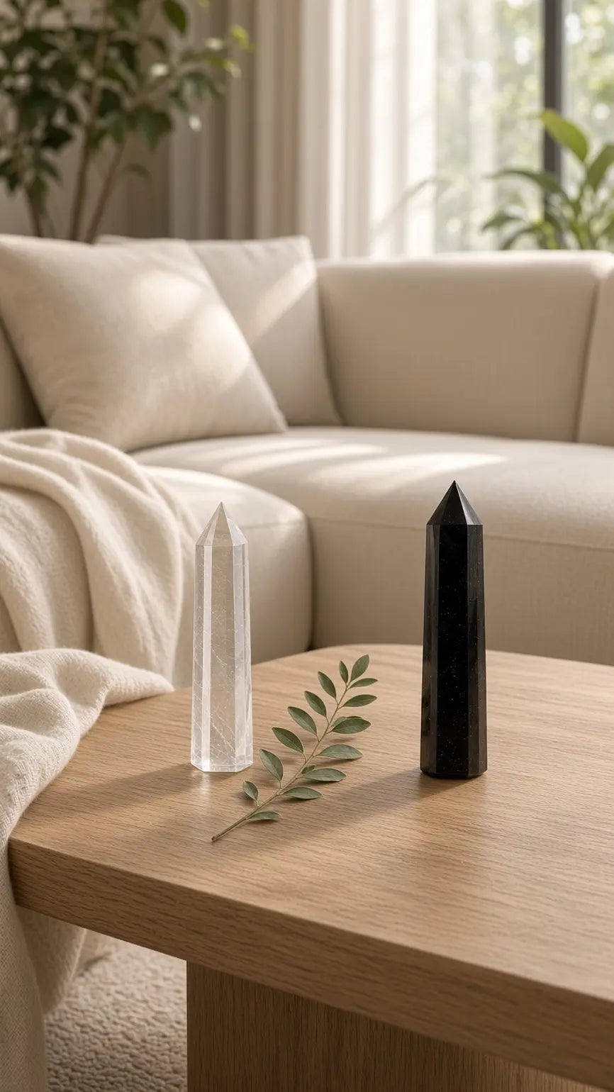 Clear quartz and obsidian towers on a coffee table