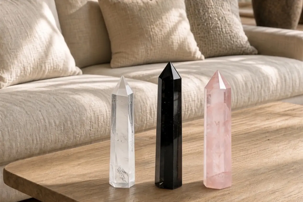 Clear, black and rose quartz towers on a living-room table