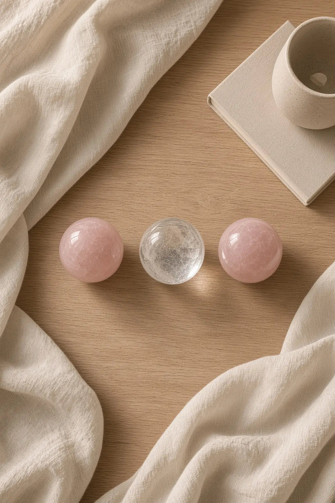 Rose quartz and clear quartz spheres on a wooden table