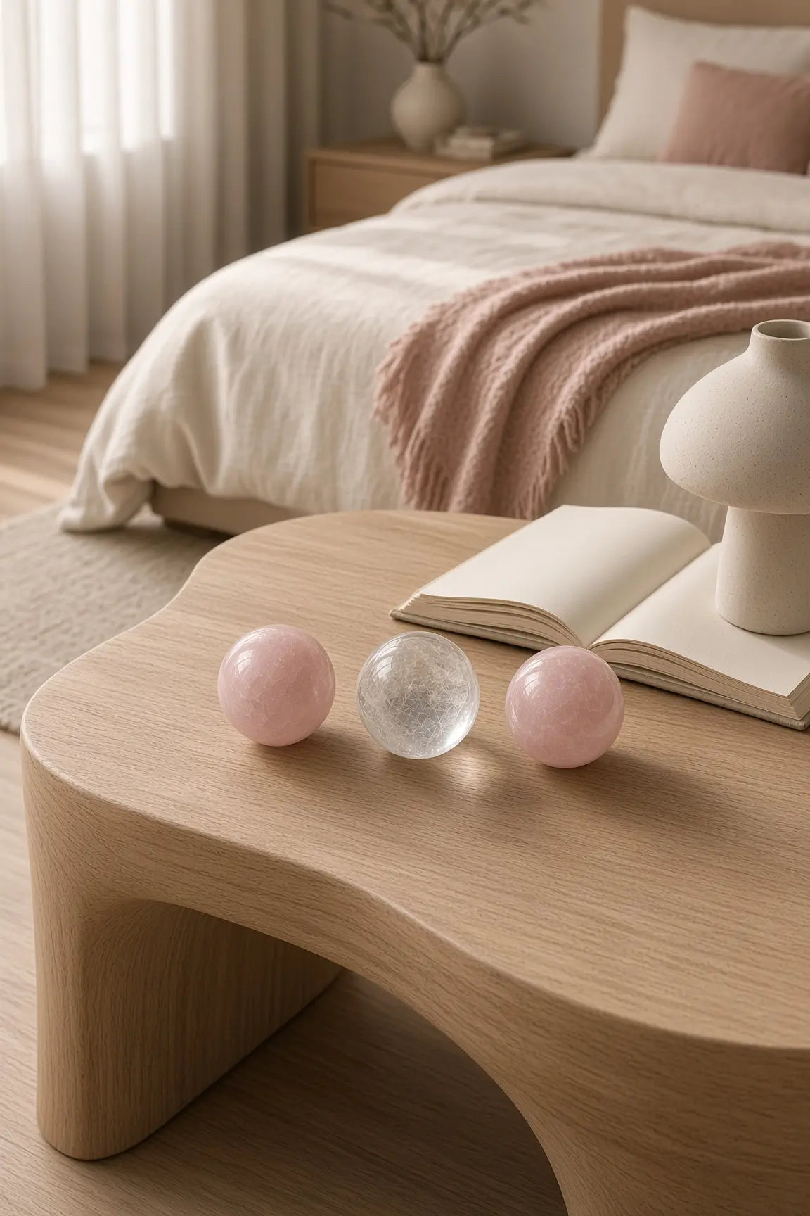 Rose and clear quartz spheres on a living-room table