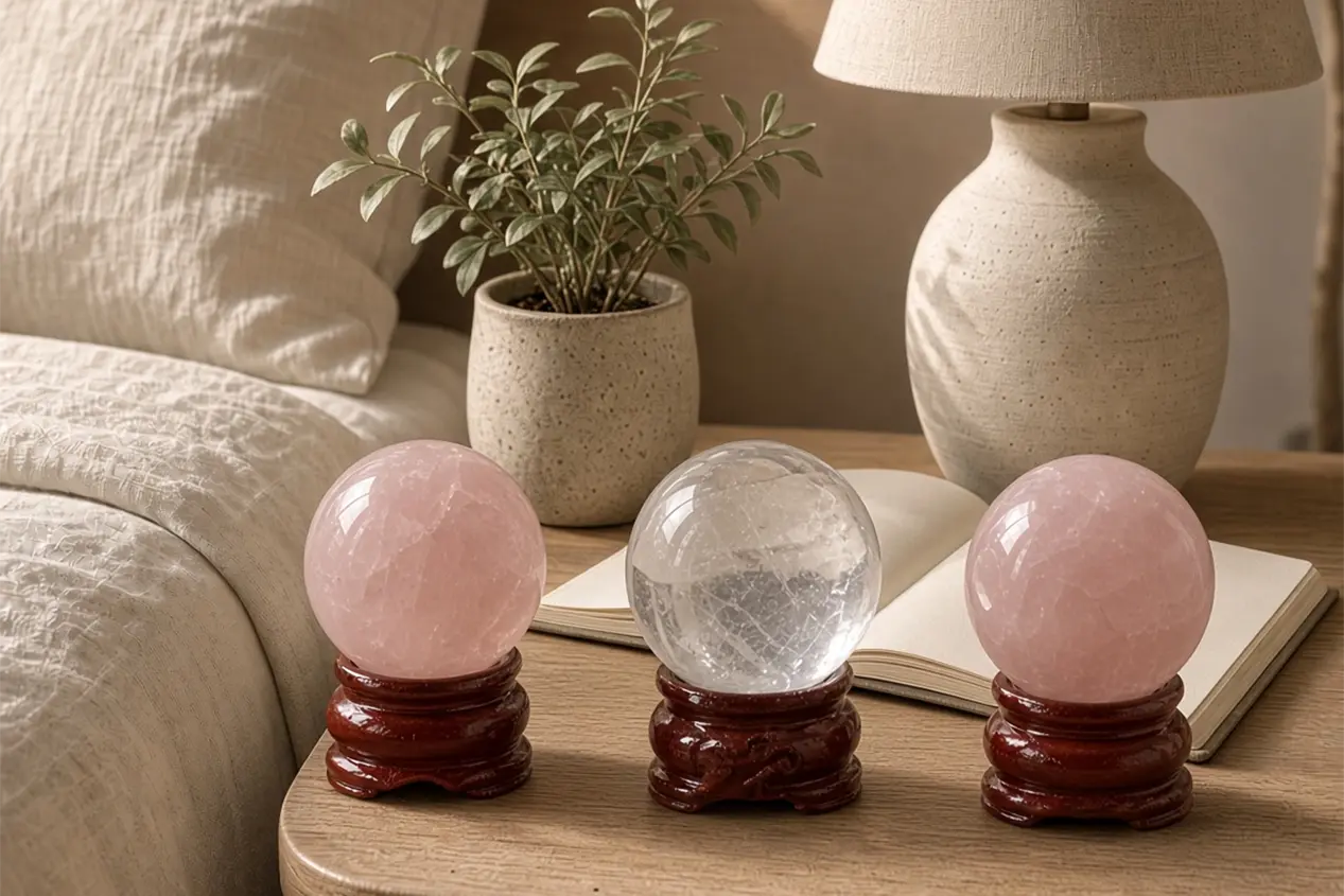 Rose and clear quartz spheres on a bedroom nightstand