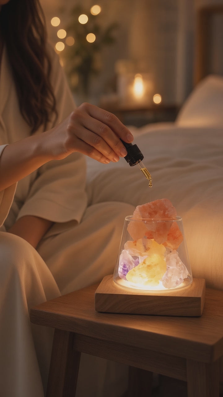 Woman adding essential oil to a glowing amethyst and Himalayan salt aroma lamp on a bedroom nightstand, creating a quiet evening ritual of earth, light, and scent