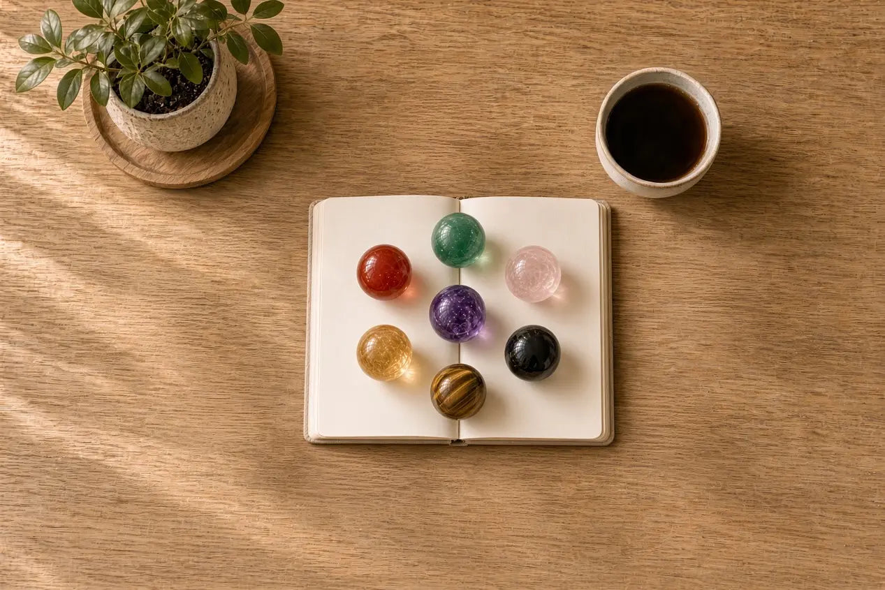 Seven crystal spheres on an open notebook