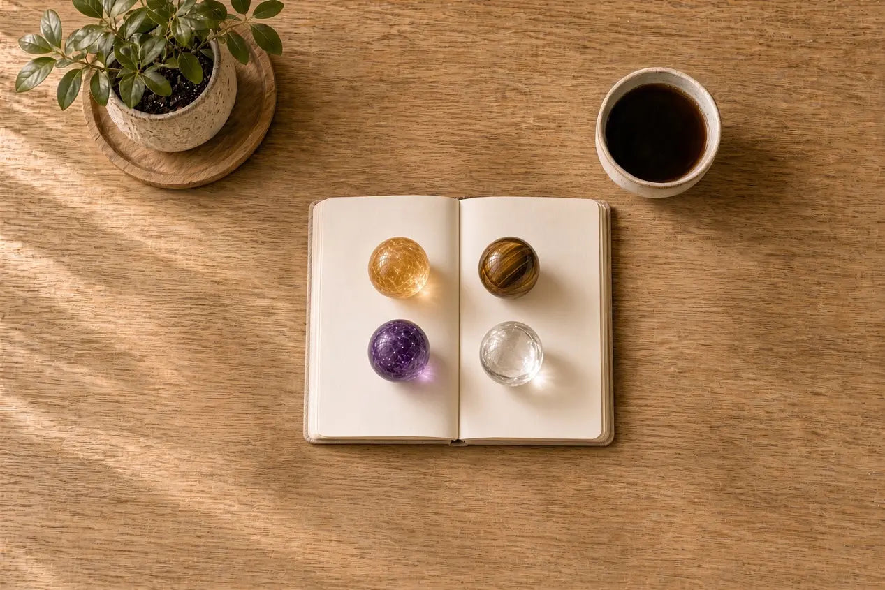 Four crystal spheres on an open notebook