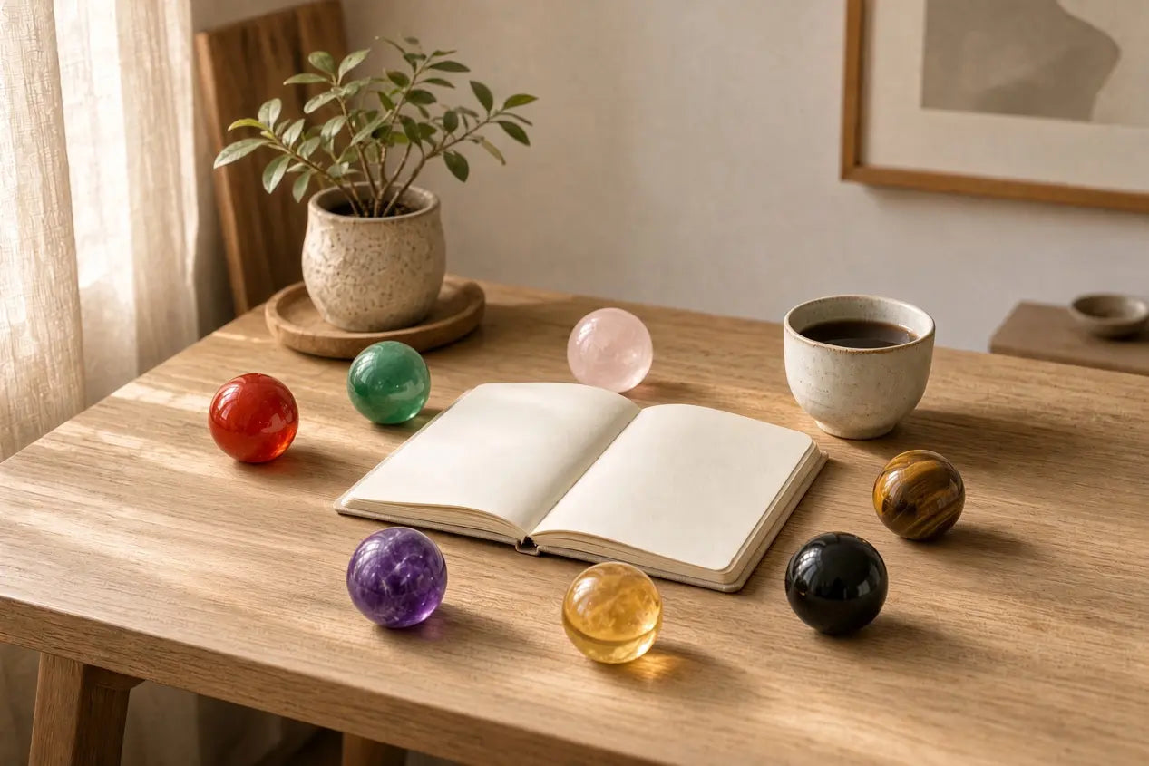 Seven crystal spheres around a notebook on a desk