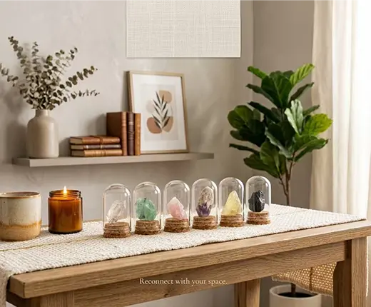 7 chakra crystal set in glass cloche domes, spiritual home decor for energy balancing and meditation