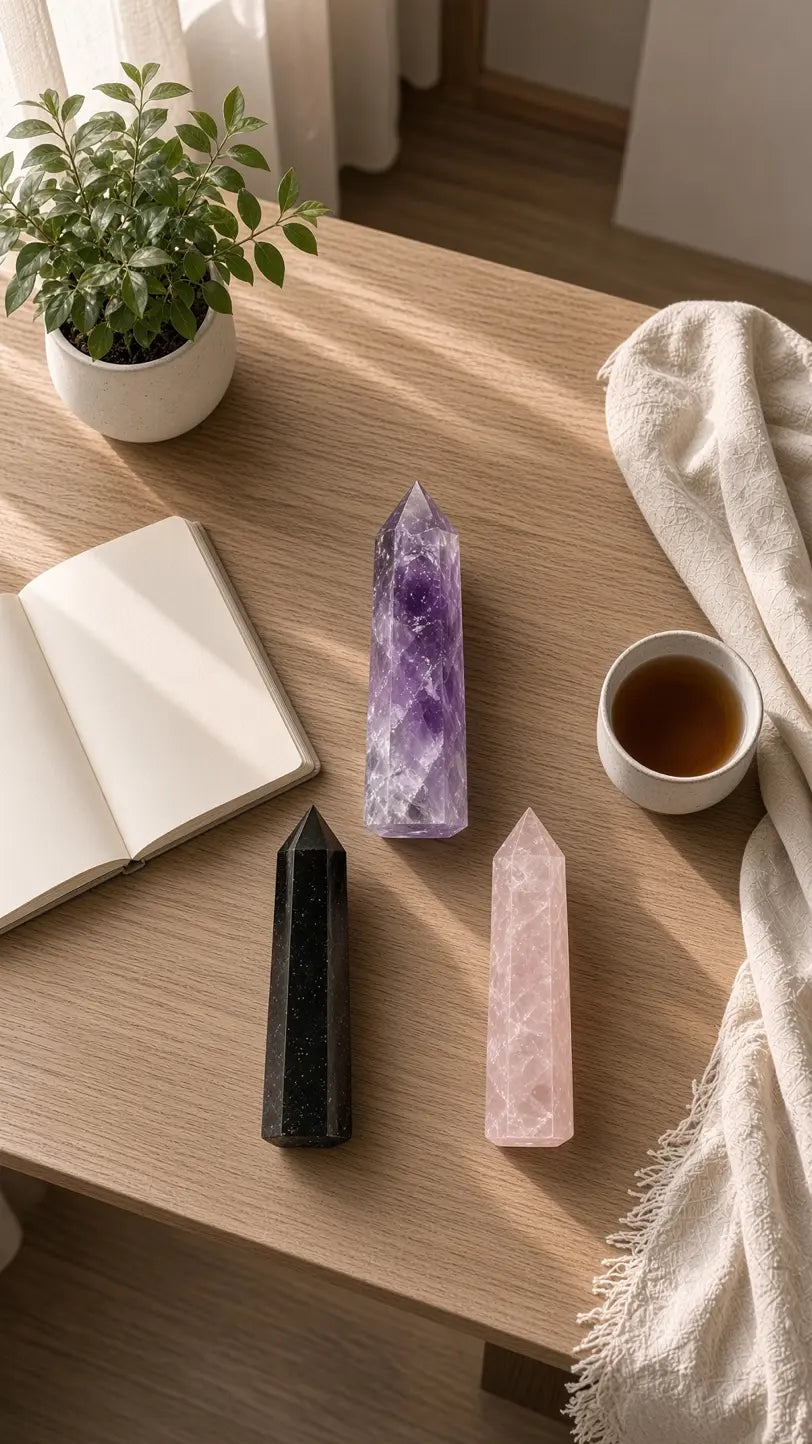 Obsidian, amethyst and rose quartz towers on a wooden table