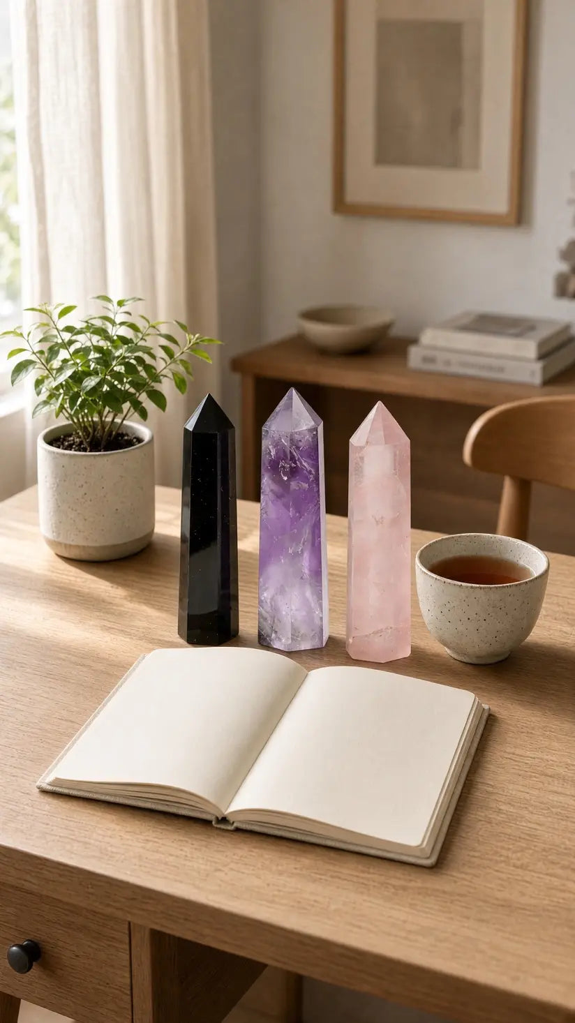 Three crystal towers behind an open book on a desk