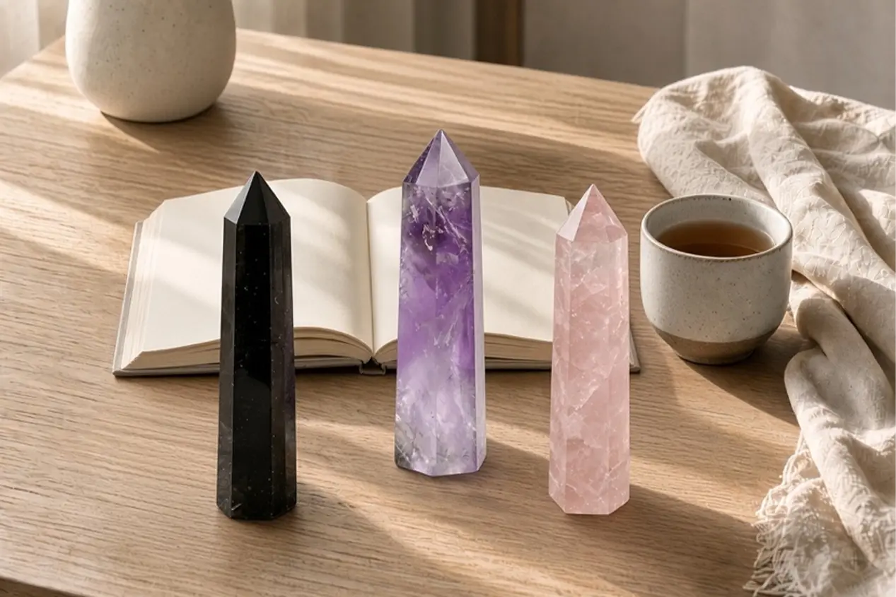 Three crystal towers on a desk with a book and tea