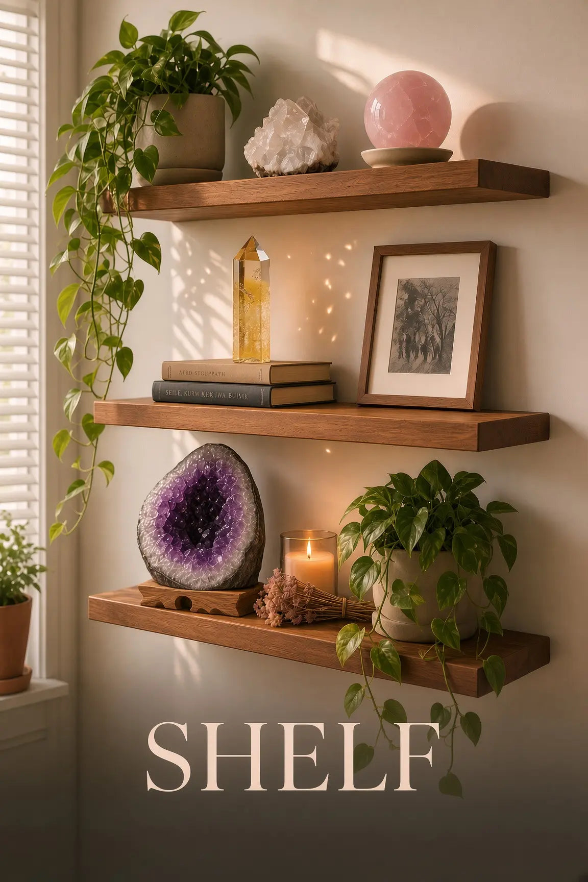 Cozy wooden shelves styled with amethyst geode, citrine, rose quartz, plants and candle under soft window light
