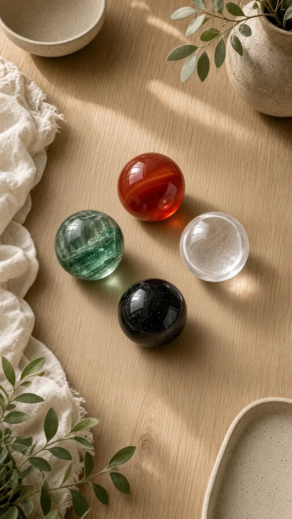 Four crystal spheres arranged on a wooden table
