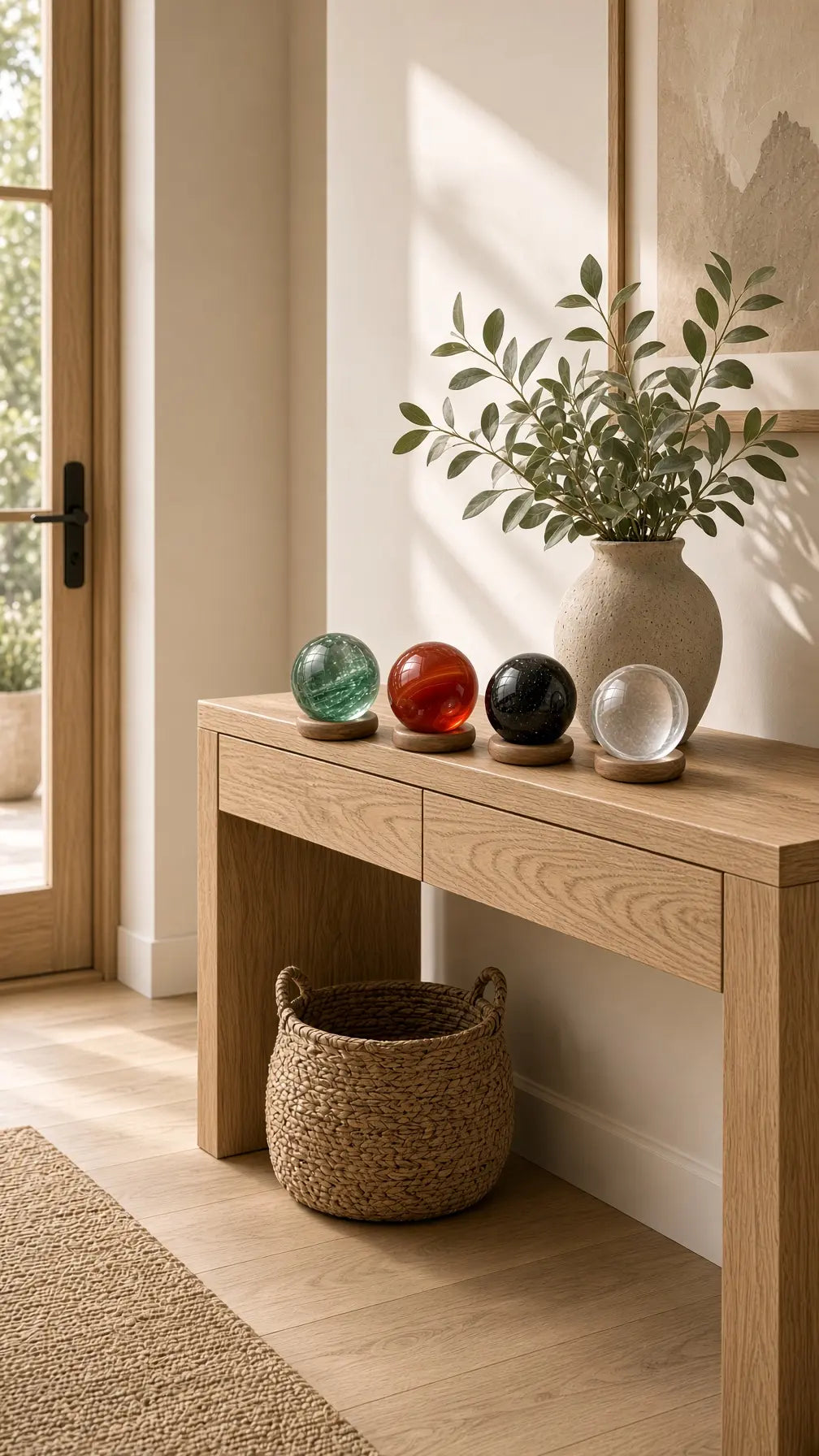 Four crystal spheres on an entryway console