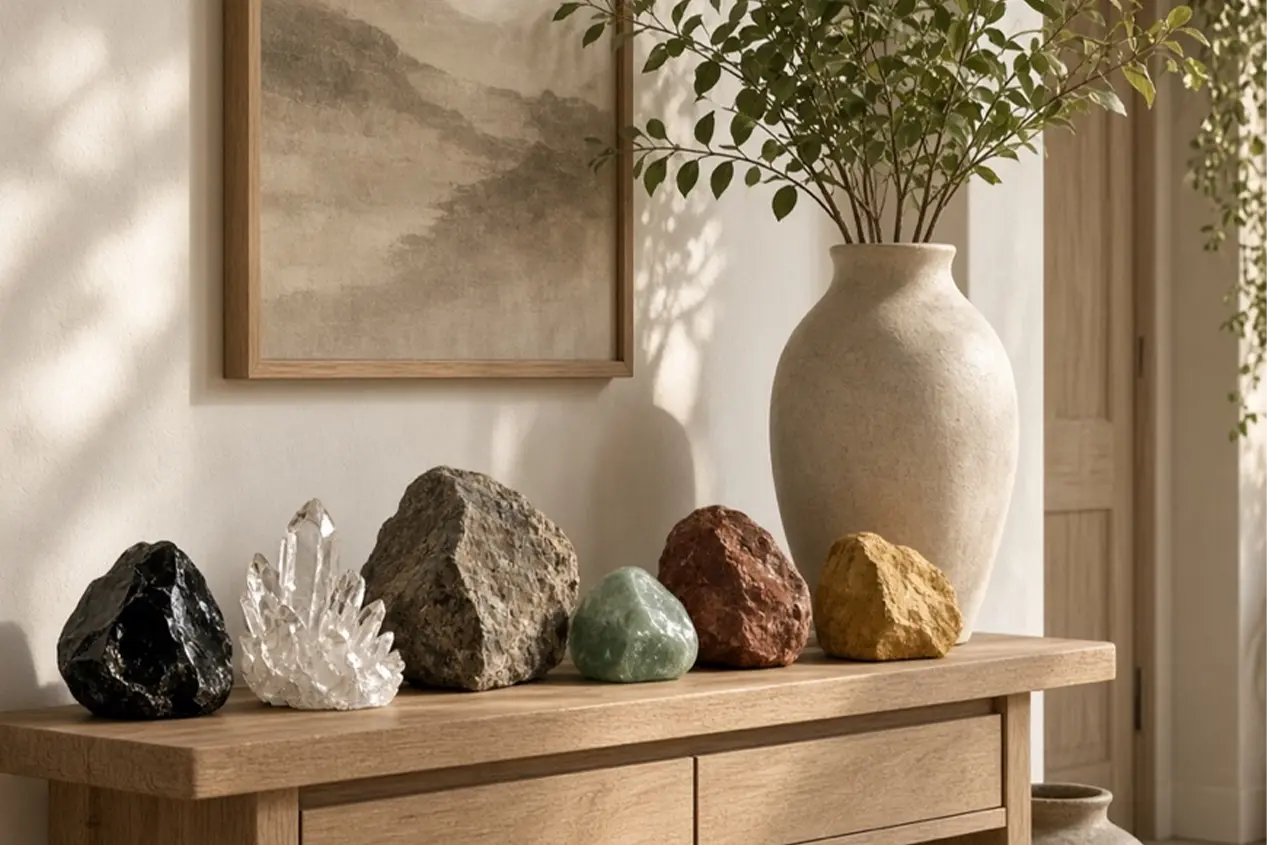 Natural stones and a quartz cluster on an entryway console