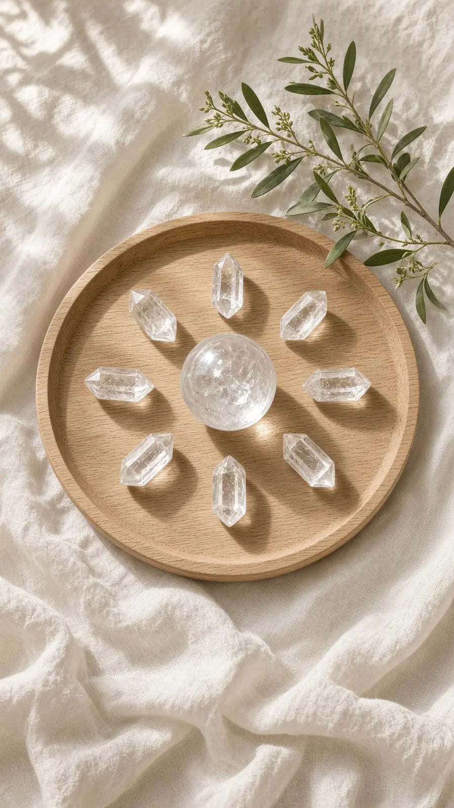 Clear quartz sphere with points arranged on a round tray