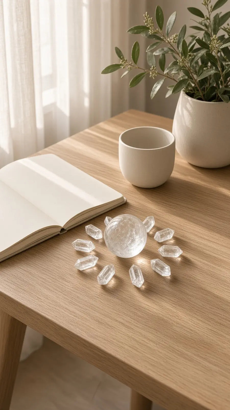 Clear quartz sphere and points on a sunlit desk