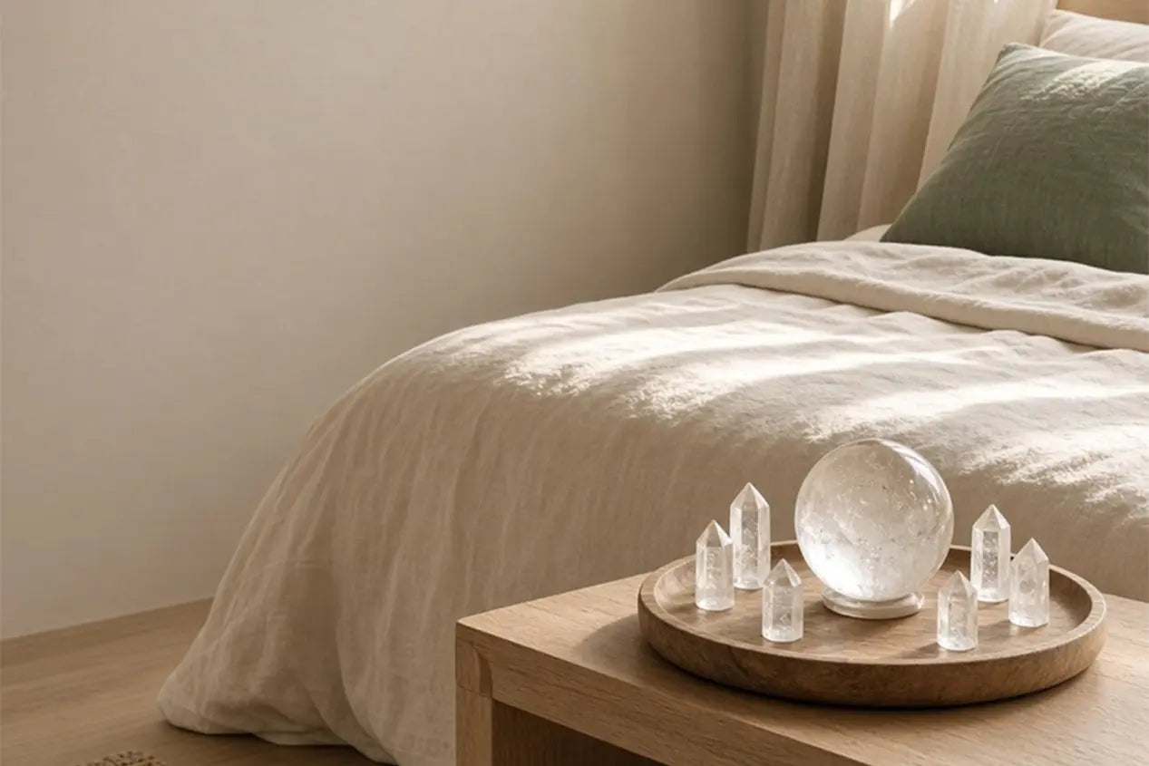 Clear quartz sphere tray on a bedroom side table