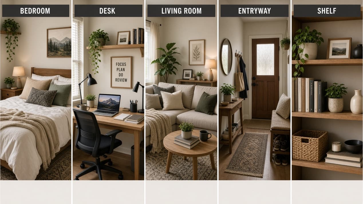 Bedroom, desk and living room as one home