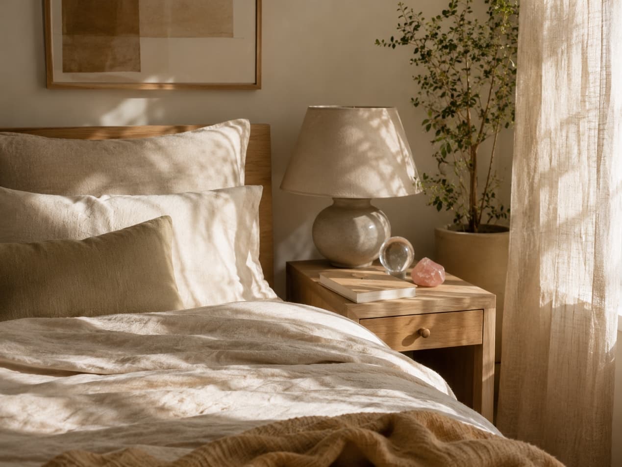 A quiet bedroom and bedside table