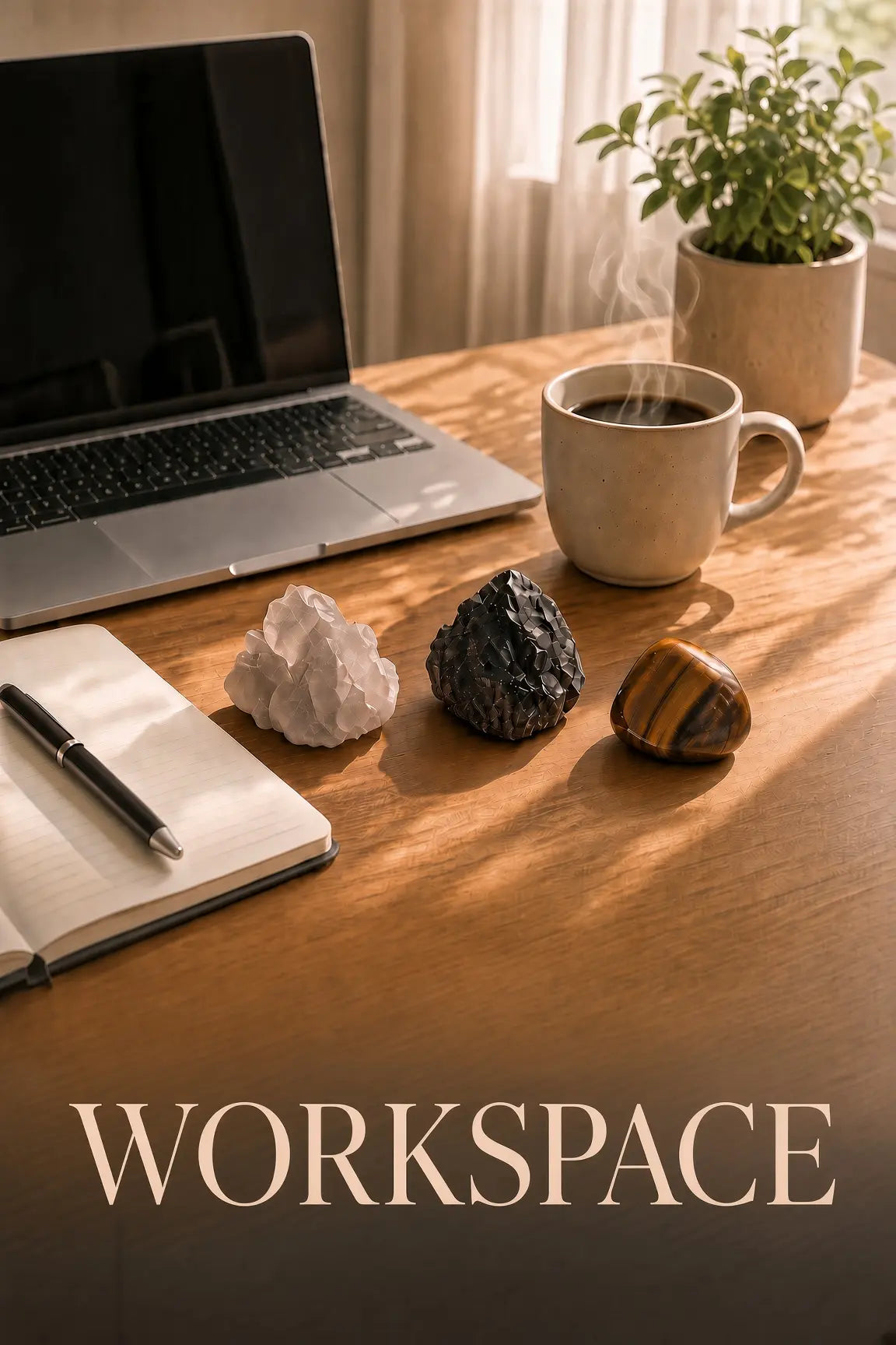 Calm wooden desk setup with laptop, coffee, notebook and crystals including tiger’s eye and black tourmaline