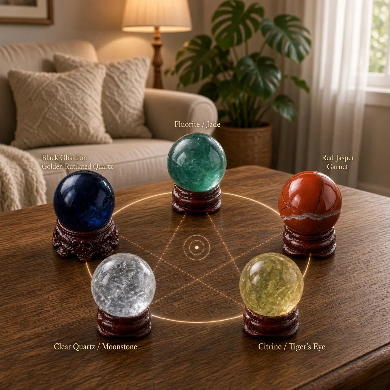 Five crystal spheres arranged in a pentagon on a coffee table