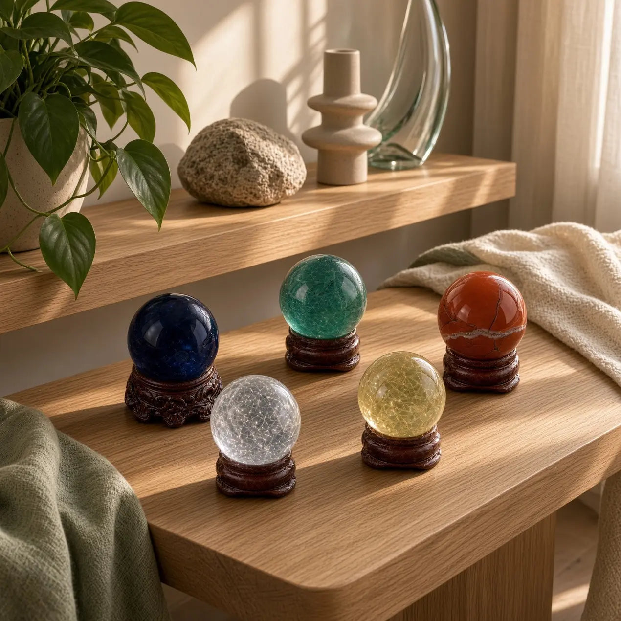 Five crystal spheres on an oak console