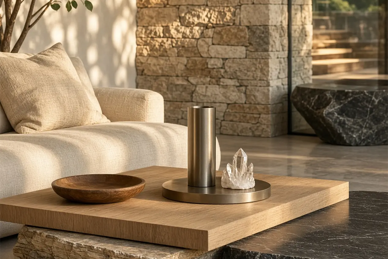 Quartz cluster on a stone and wood coffee table